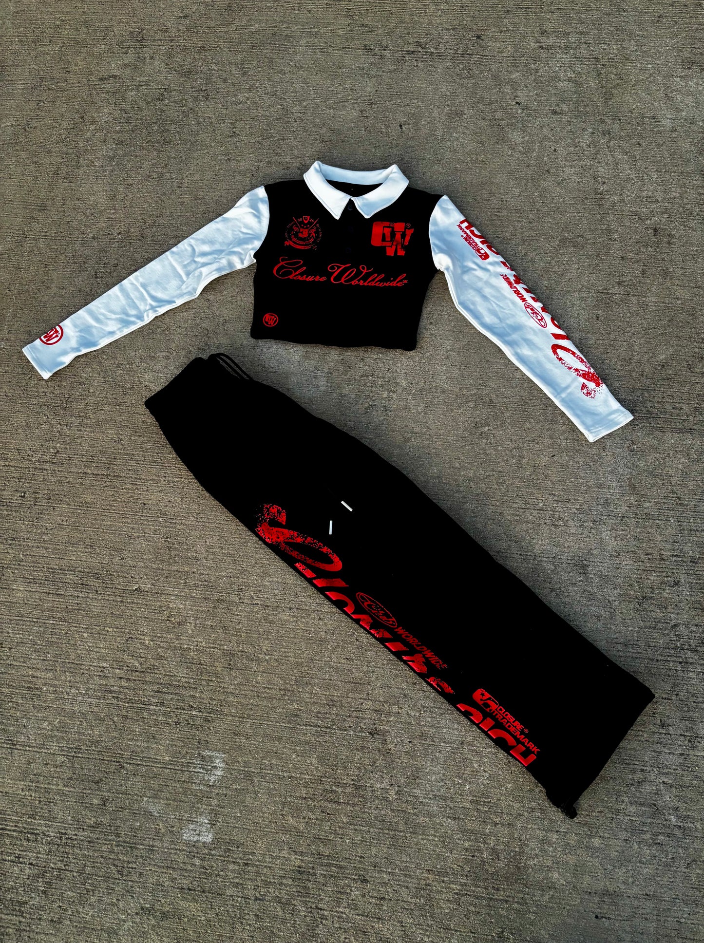 (Womens crop two piece set)                      Black,red,white