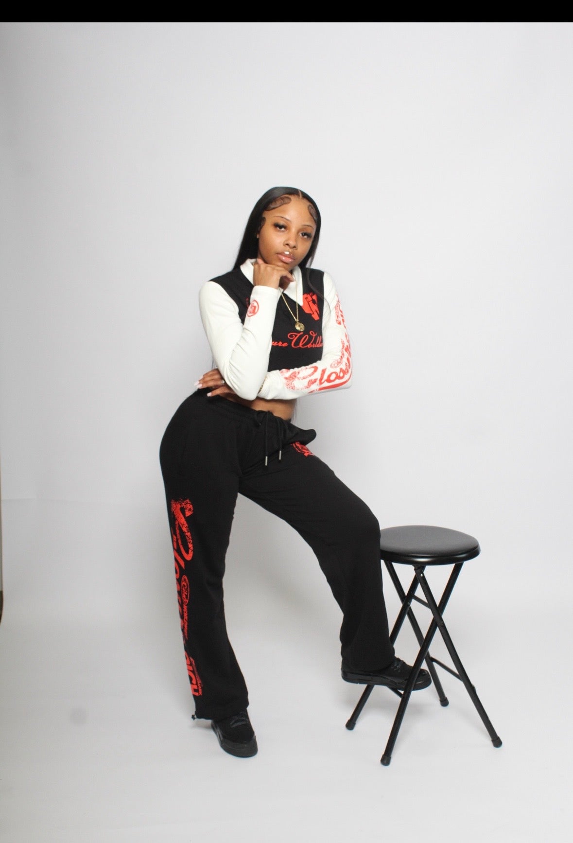 (Womens crop two piece set)                      Black,red,white