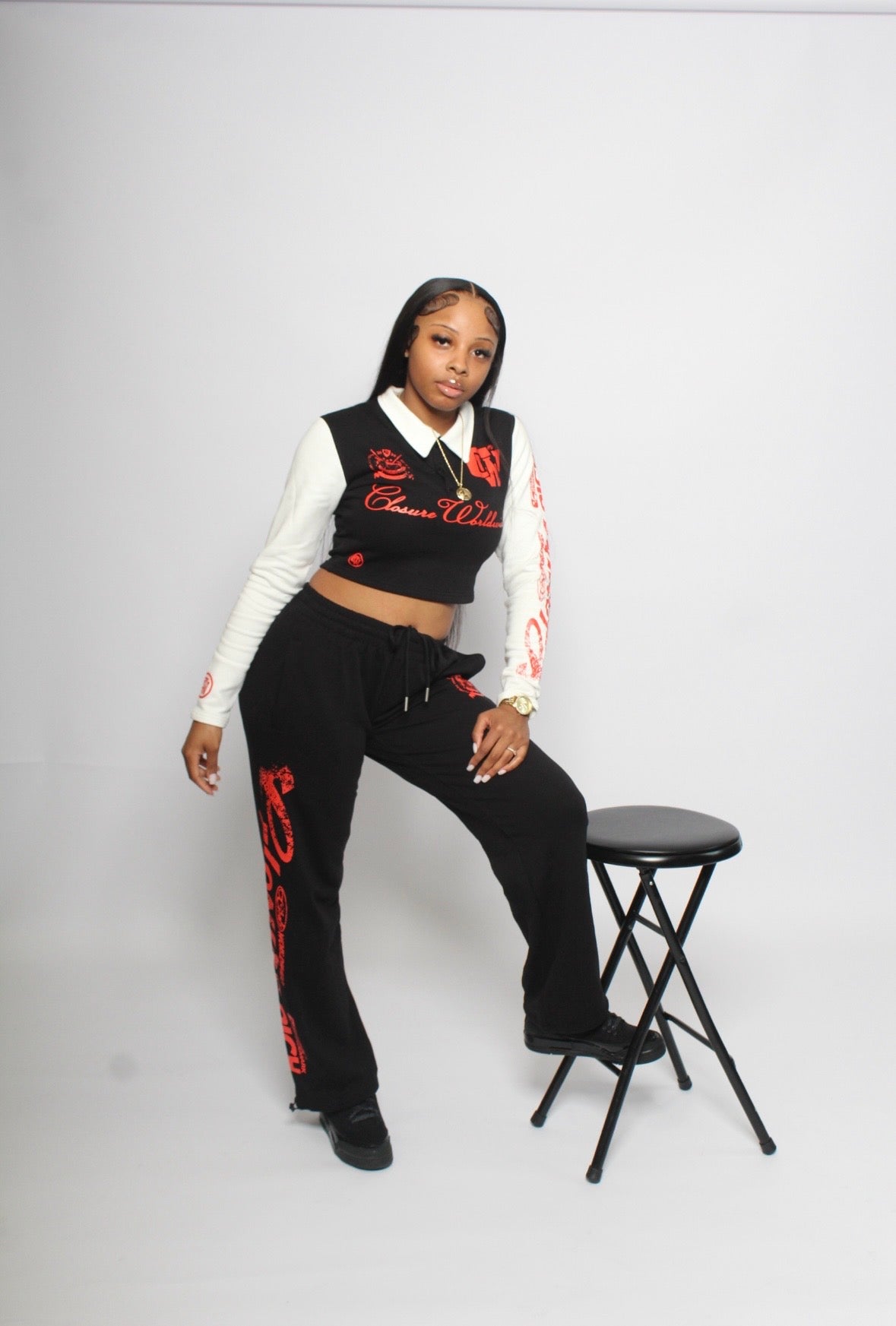 (Womens crop two piece set)                      Black,red,white