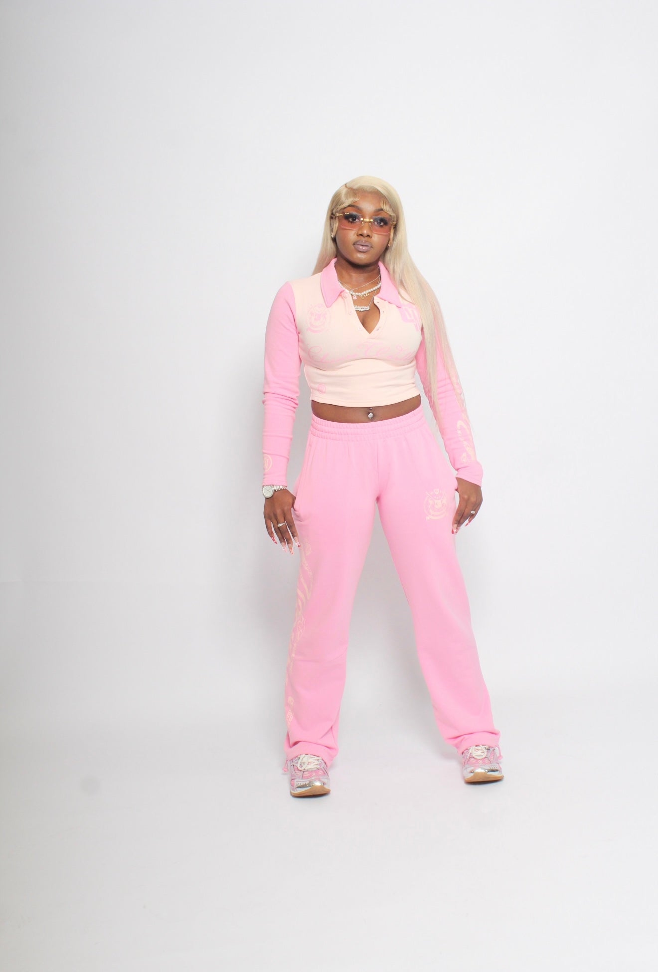 (Womens crop two piece set)           Pink two tone