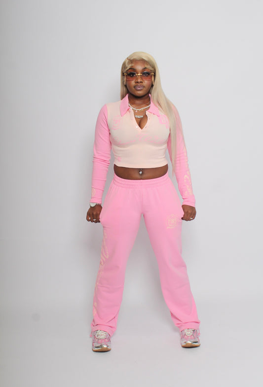 (Womens crop two piece set)           Pink two tone
